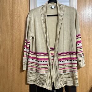 SweaterWorks size large tan open cardigan with pink yellow and black stripes